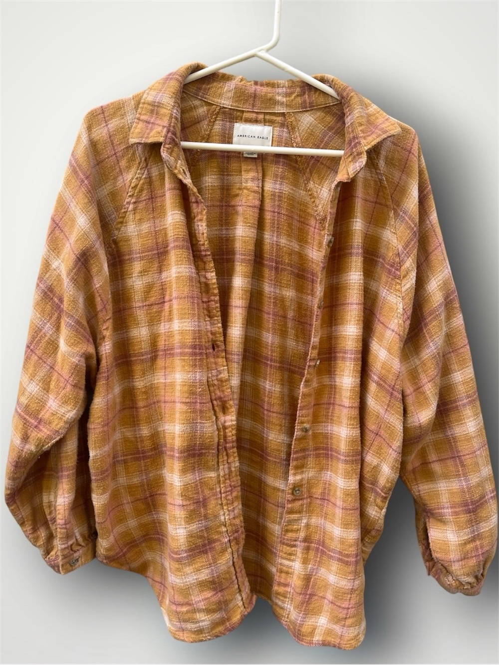 American Eagle Boho Plaid Flannel Shirt Mustard Yellow Pink Layering